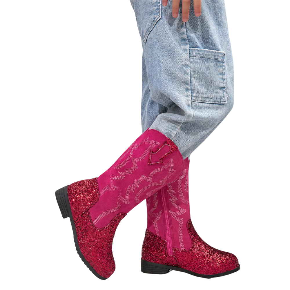 Barnens glittriga western knähöga boots med pälsfoder