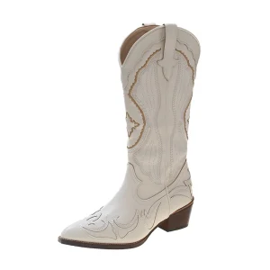 Beige broderade knähöga cowboy boots