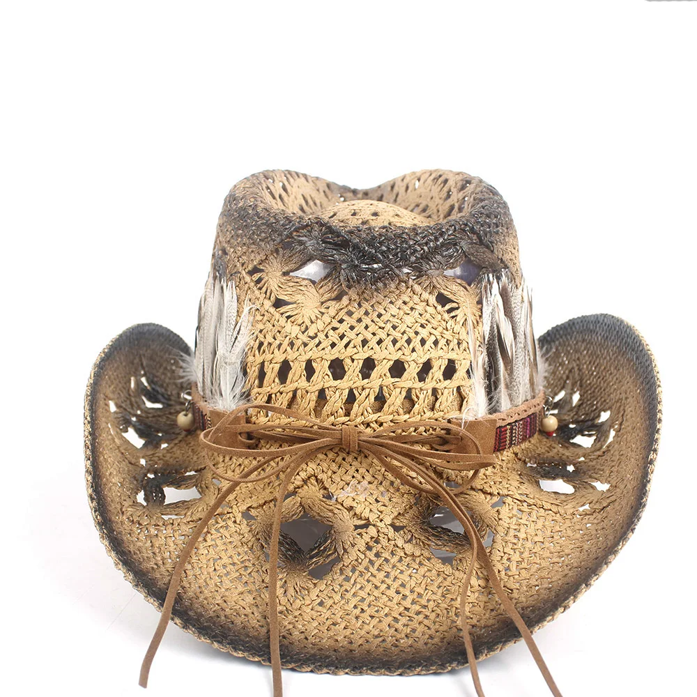 Cowboyhatt av halm med boho och fjäderdetaljer - Bild 7