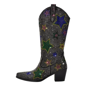 Dam strassstjärna mellankalska cowboy boots med tunna klackar