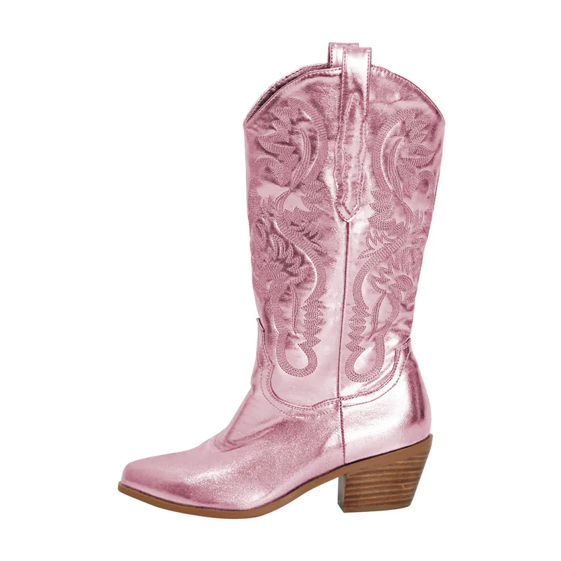Damens glansiga broderade knähöga cowboy boots med bred vad