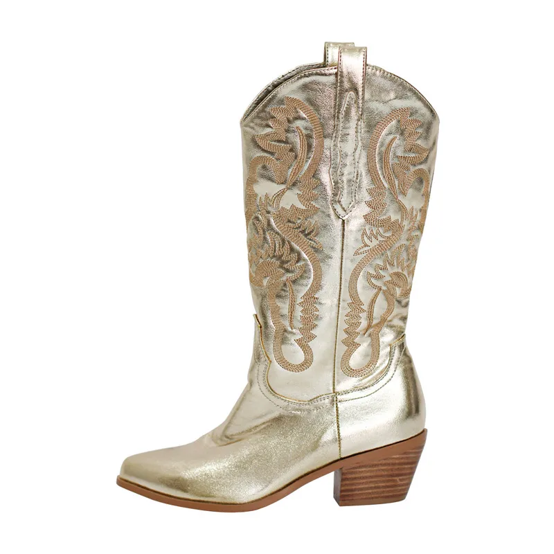 Damens glansiga broderade knähöga cowboy boots med bred vad - Bild 8