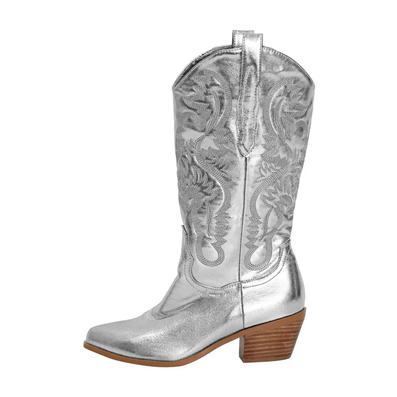 Damens glansiga broderade knähöga cowboy boots med bred vad - Bild 9