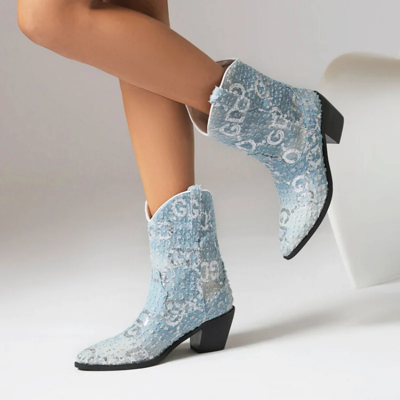 Damens jeanscowboy boots med paljettdetaljer och kort klack - Bild 3