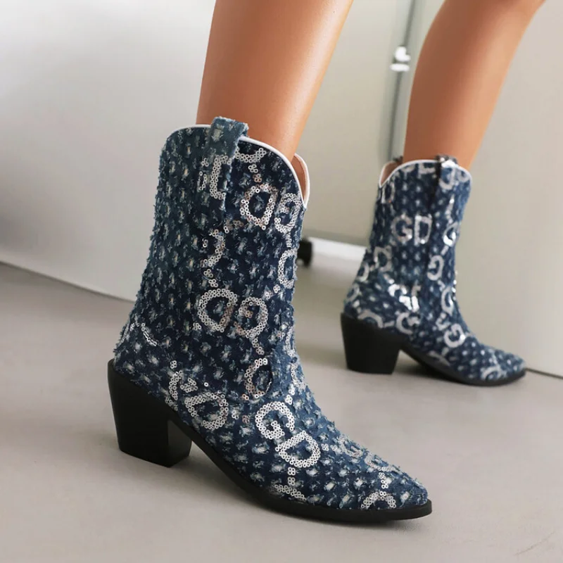 Damens jeanscowboy boots med paljettdetaljer och kort klack - Bild 4