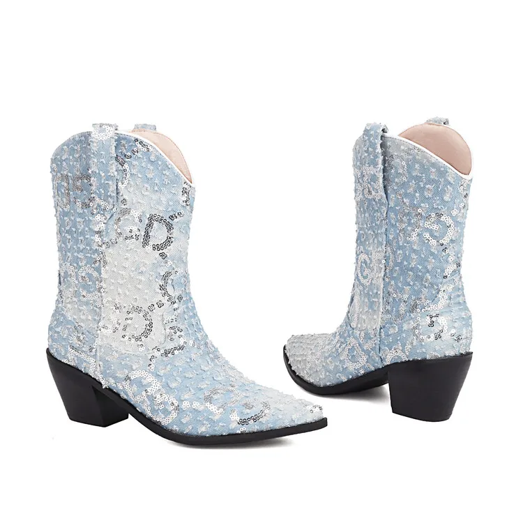 Damens jeanscowboy boots med paljettdetaljer och kort klack - Bild 7