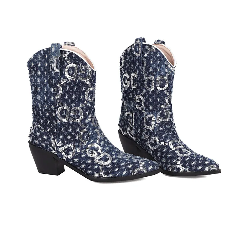 Damens jeanscowboy boots med paljettdetaljer och kort klack - Bild 9