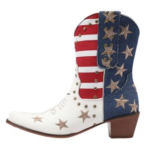 Dams ankel denim usa-flagga cowboy boots med stjärnor och ränder