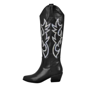 Dams broderade svarta knähöga cowboy boots