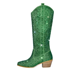 Dams strassprydda knähöga cowboy boots med blockklack