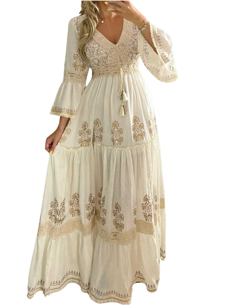 Elegant western boho maxiklänning med utsvängda ärmar och fransar - Bild 2