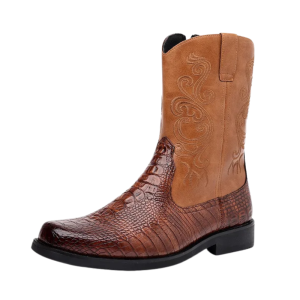 Herr klassiska retro ridboots i mellankalfshöjd med präglad läderdesign