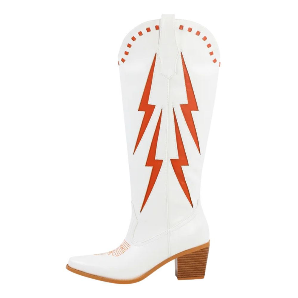 Kvinnors vita knähöga western-boots med orange blixtbroderi - Bild 2