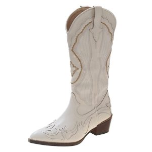 Kvinnors vita midkalv cowboy boots med broderi och klassisk blockklack