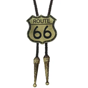 Route 66 cowboy bolo tie med flätad lädersnodd