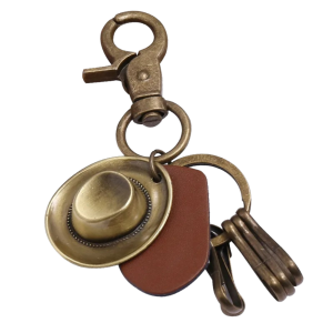 Vintage läderwestern nyckelring med cowboyhattcharm